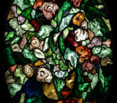 Hommage to Fauré<br>
Size (inches): 44 x 30<br>
Price: On Application<br>
Status: For Sale singly<br>
Copyright: The Reyntiens Family Trust 2015. Patrick Reyntiens one off panels, Hommages - Hommages to Fauré